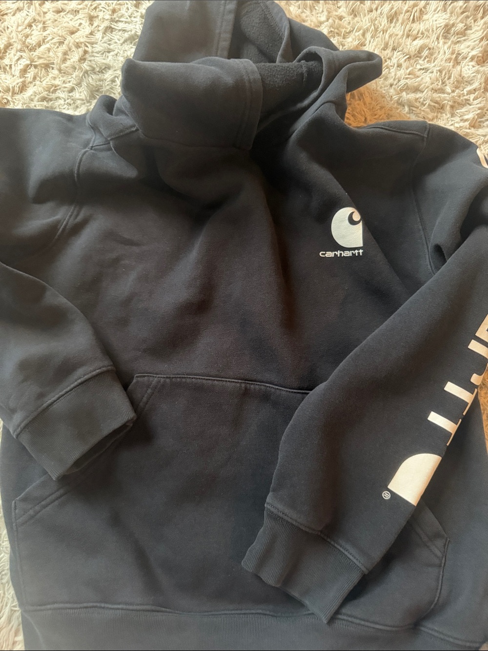 Kid’s Carhartt Black Pullover Hoodie with White Logo Sleeve